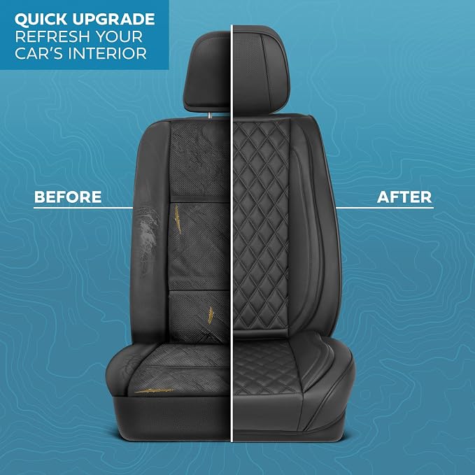 MotorBox Elite Edition Faux Leather Seat Covers for Cars, Trucks, & SUV - 2 Black Car Seat Covers for Front Seats - Universal Fit Car Accessories Automotive Interior Cover Protector for Most Vehicles
