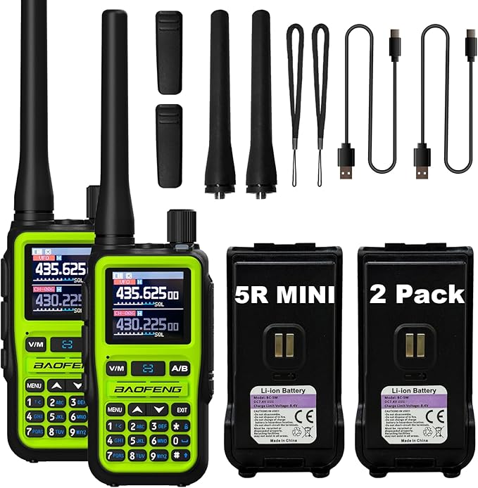 BAOFENG UV-5R Mini Two Way Radio BF-5R Mini Walkie Talkie Wireless Power Adjustable Tiny Size Frequency Copy 999 Channels Type-C Four Colors Portable Ham（2 Pack） (Green)
