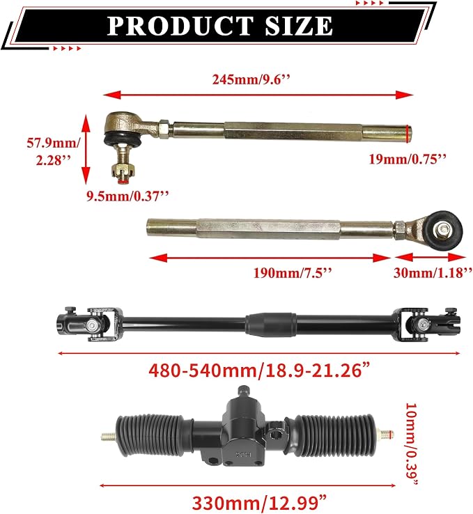 270mm/10.6'' Front Steering Wheel Parts 330mm/13'' Rack Pinion Adjustable Shaft Tie Rod Ends Assembly for DIY Electric 110cc 125cc 150cc Go Kart Golf Buggy UTV Off-road Vehicle