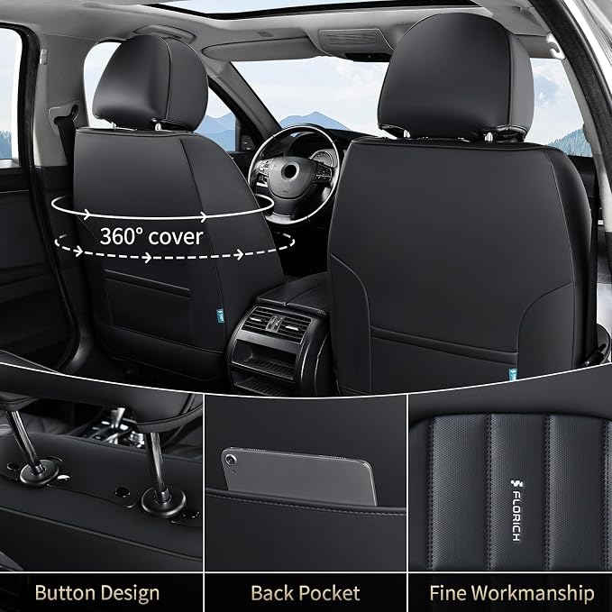 FLORICH Seat Cover, Car Seat Covers Full Set, Waterproof Leather Car Seat Protector 5 Seats, Front and Rear Seat Covers for Cars, Automotive Seat Covers Protector Fit for Most Cars Trucks SUV - Black