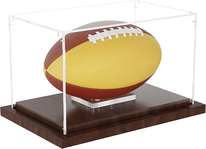 VGMiu Football Display Case with Wood Base, Acrylic Football Case Display Clear Box with Removable Built-in Ball Holder for Autographed Footballs, Sports Collectibles, Memorabilia Displays