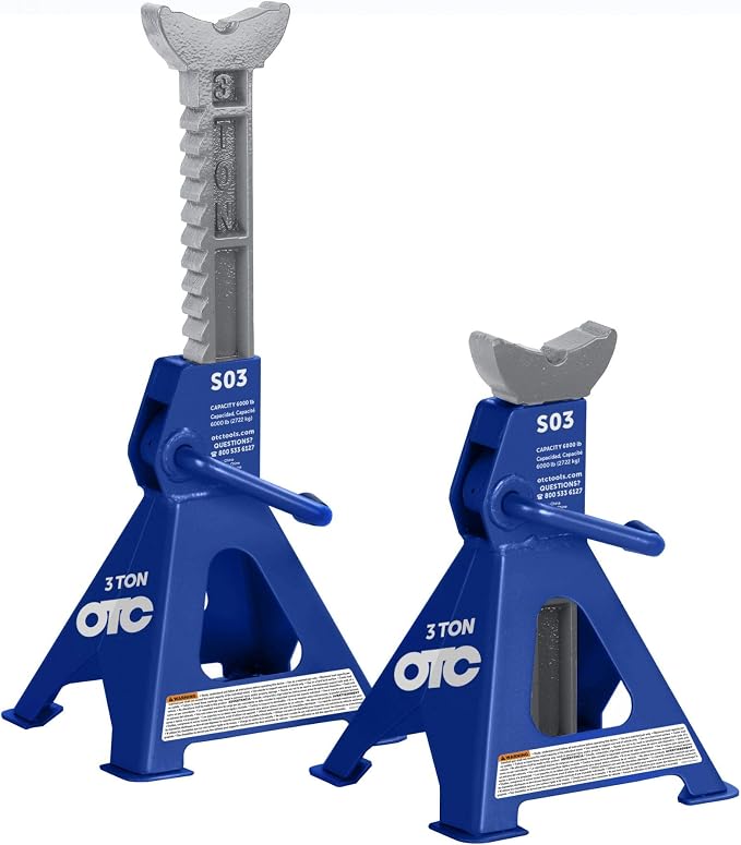 OTC S03 3-Ton Jack Stands - 3-Ton Capacity; 17-11/16" Max. Height; 12" Min. Height; 8-1/4" x 7-1/2" Footprint Square Base; 11 Tooth Ratcheting Adjustment; 1" x 3-1/2" V-Notch Saddle - Pair