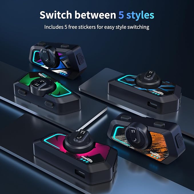 Fodsports T1 Motorcycle Bluetooth Intercom V5.4 with Music Share, One-Click Switching for 3 Functional Modes, 2-Way Helmet Communication Systems, FM/5 Stickers/Noise Cancellation/Stereo Music, 1 Pack