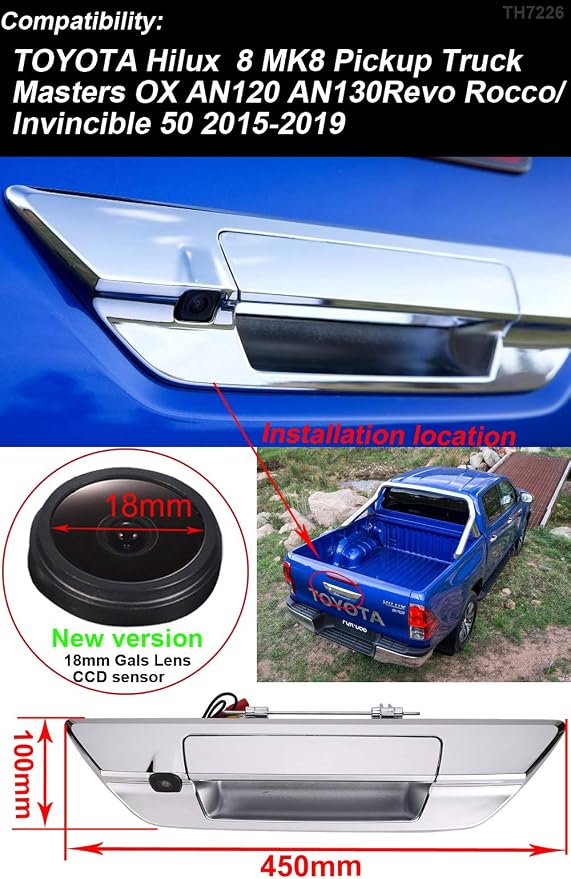1280 * 720 Pixels HD Car Rear View Trunk Handle Parking Camera Replacement for Toyota Hilux 8 MK8 Pickup Truck Masters OX AN120 AN130 Revo Recco/Invincible 50 2015-2019(with 4.3-inch Rearview Mirror)