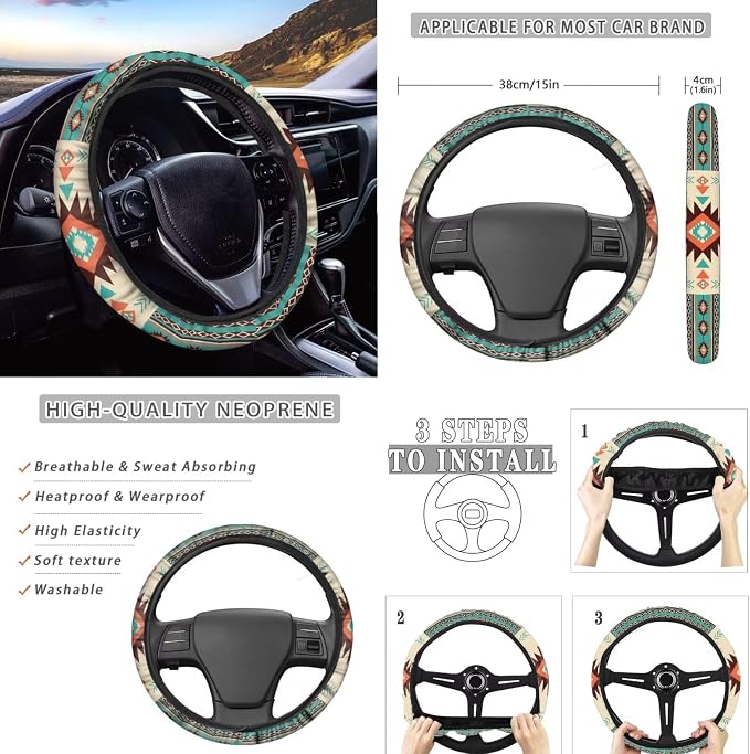 Wanyint Car Seat Cover Full Set 11 PCS, with Steering Wheel Headrest Handbrake Gear Shift Knob Cover Cup Coasters Auto Seat Cover Accessories, Southwest Aztec Beige Cyan
