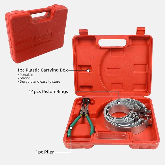 Piston Ring Compressor Tool, 14 Pcs Piston Rings & 1 Adjustable Installer Pliers for Repairing Car Truck Racing Automotive Engine (62-145mm/2.4-5.7inch), Carrying Box