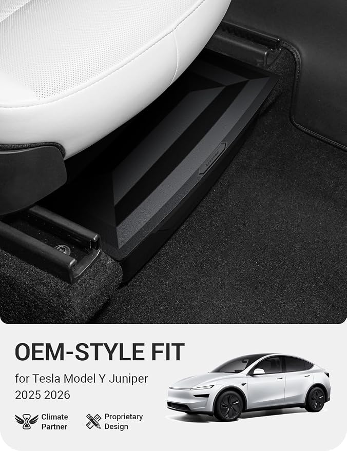 BASENOR 2PCS 2026 Tesla Model Y Juniper Under Seat Storage Box, Hidden Organizer Tray [No-Slip] with Dust Lid, Underseat Storage for 2025 2026 Model Y Juniper