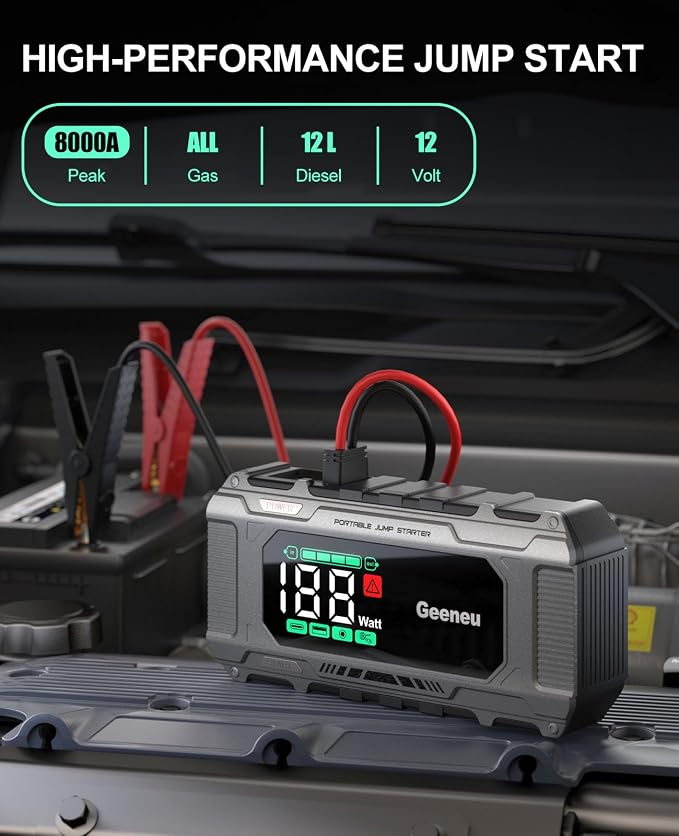 Car Battery Charger Jump Starter, 8000A Portable Jumper Starter with PD 65W Quick Charger, Jump Box 12V Battery Booster Jump Pack for All Gas/10L Diesel,Large Screen,150W DC, Lights