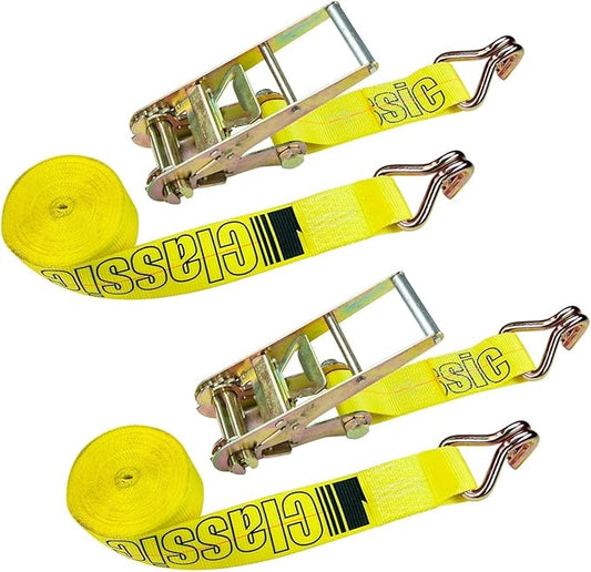 VULCAN Ratchet Strap with Wire Hooks - 3 Inch x 27 Foot - 2 Pack - Classic Yellow - 5,000 Pound Safe Working Load