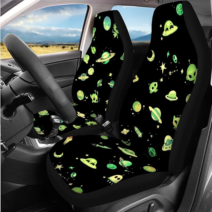 Alien Moon UFO Star 8Pcs Car Accessories Full Set with Seat Cover + Steering Wheel Cove + Seatbelt Pads and Center Console Cover for Women Menl, Universal & Stretchy Fit SUV Truck Sedan Van