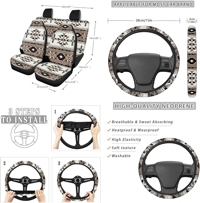 Suobstales Aztec American Tribal Geometric Print Car Seat Covers Set with Steering Wheel Cover, Seatbelt Pads, Coasters, Car Garbage Can, Rearview Mirror Cover, Keychains, 13pcs Auto Accessories