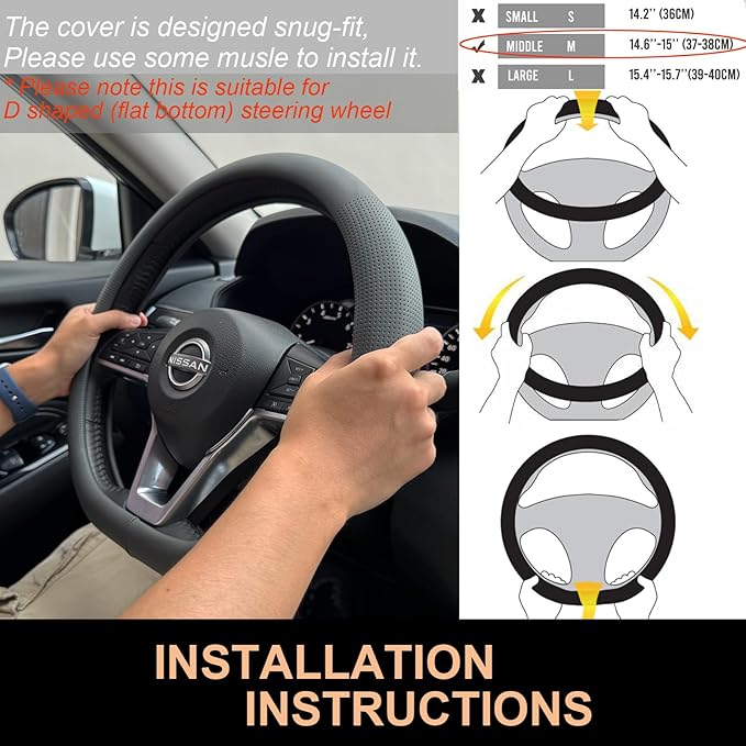 PINCTROT D Shaped Nappa Leather Steering Wheel Cover, Slim Fit No Bulk Design, One Piece Leather with Breathable Perforation, Fit Like Gloves, Flat Bottom 14.5-15 Inch(Nappa Dark Gray)