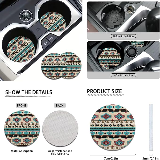 KEIAHUAN Tribal Aztec Horse 11 Piecce Car Seat Cover Full Set Front and Rear Split Bench Auto Seat Covers Handbrake Cover &Gear Shift Knob Cover Headrest Cover Coasters Women Men