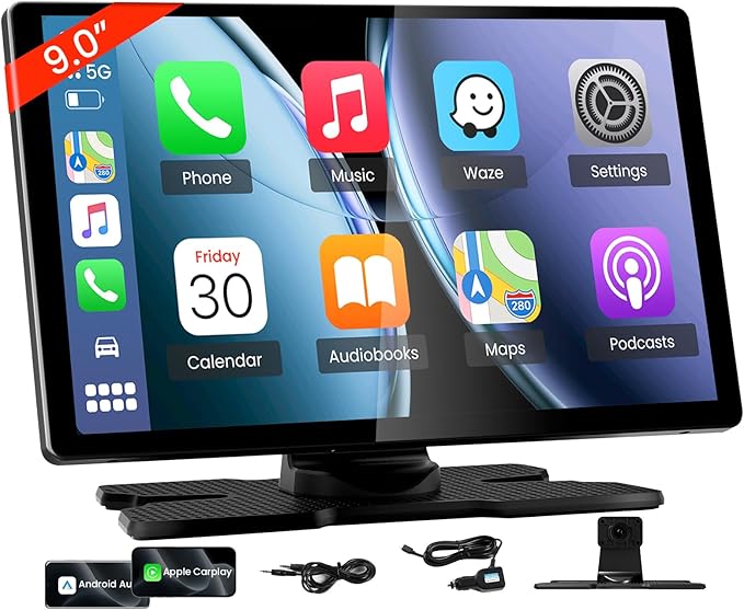 TECXERLLON 9.0'' Carplay Screen for Car, Portable Car Stereo with Apple Carplay & Android Auto, Car Audio Receivers with Mirror Link, Screen for All Vehicles(No Camera)