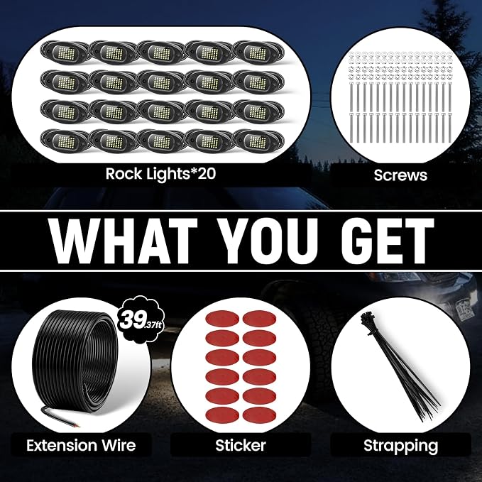 YONEDA 20 Pods White Rock Lights 6000K 42LED Bright LED Underglow Lights IP68 Waterproof for Trucks SUV UTV ATV RZR Car Boats Pickup Motorcycle with 39.37ft Extension Wire