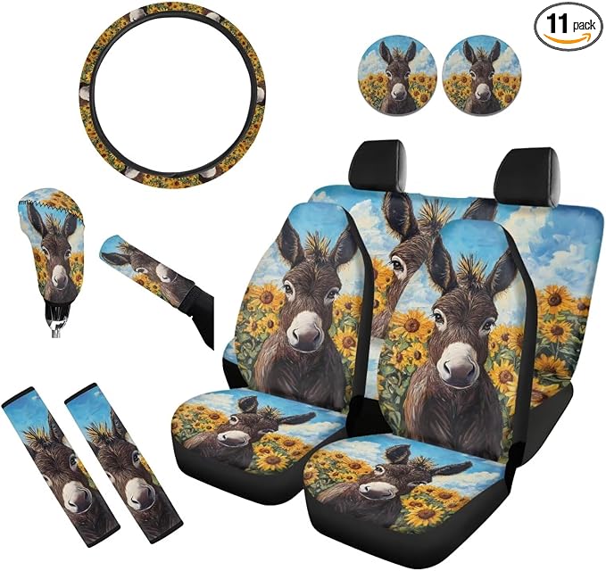 Donkey Car Seat Covers Universal Fit Most Vehicles Seat Cushion Covers Full Set with Steering Wheel Cover/Coasters/Seatbelt Pad/Shift Knob Handbrake Cover Sunflower Auto Accessories Set of 11