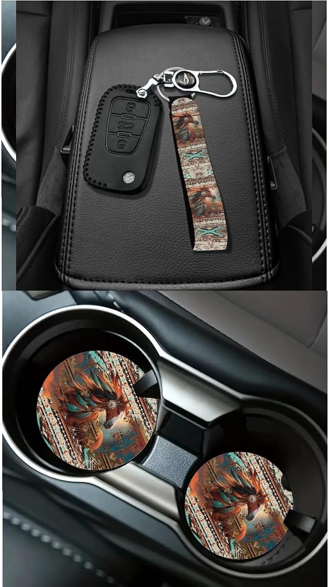Dreaweet Navajo Car Seat Covers Full Set Tribal Horse Seat Covers with Steering Wheel Cover Seat Belt Pads Car Coaster Trash Can Air Vent Holder Rear View Mirror Cover Keychain Universal Fit