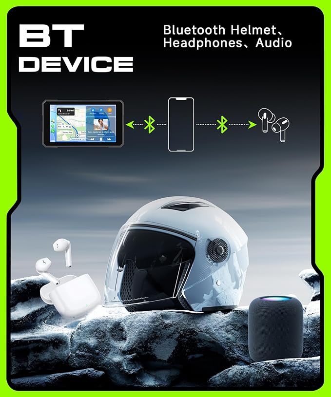 Motorcycle CarPlay Screen 5 Inch Wireless Carplay Android Auto for Motorbike with Removable Bracket, IP68 Waterproof Touchscreen, Supports GPS Navigation Bluetooth