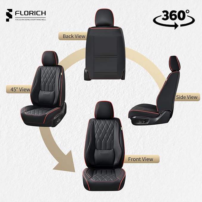 FLORICH Seat Covers Car Seat Covers Full Set Leather Seat Cover Front and Rear Luxury Waterproof Non-Slip Seat Protector Cushion Universal Fit for Most Cars Sedans Trucks SUV, Black&Red Line