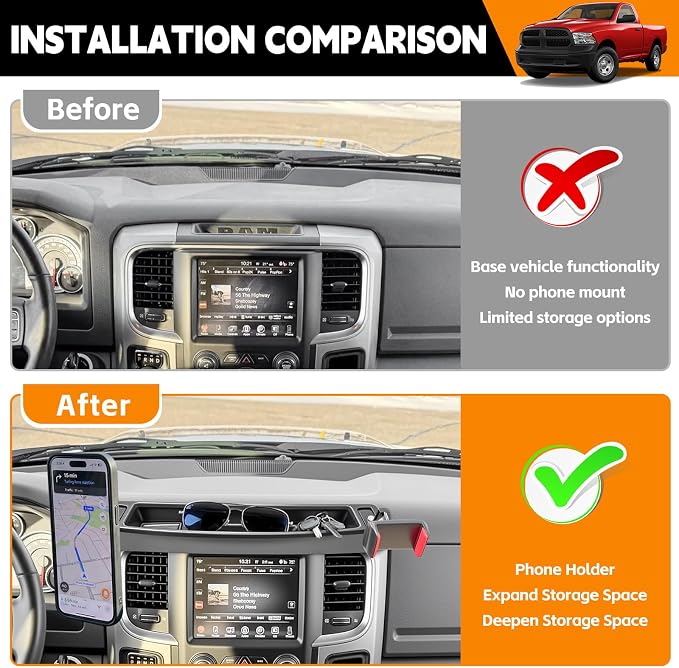 Dashboard Phone Holder Compatible with 2013-2018 Ram1500 2500 3500&2019-2024 Ram 1500 Classic Center Console Organizer Dash Tray Phone Mount for RAM Accessories(DodgeRam 2013-2018)