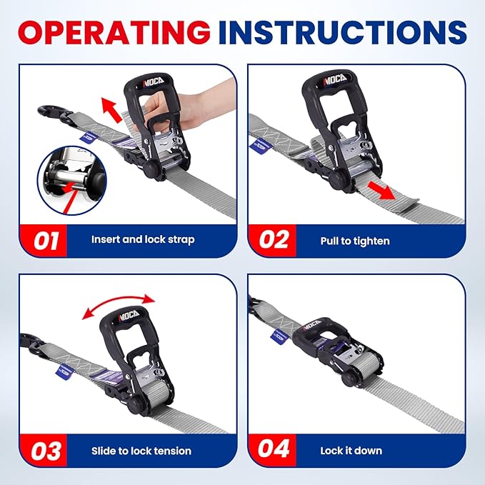 MOCA Gray Heavy Duty Ratchet Tie Down Straps - 5,200 Lbs Breaking Strength 1.6" x 8', Includes 4 Heavy Duty Ratchet Padded Handles & Coated Chromoly S Hooks & 4 Soft Loop Tie-Downs