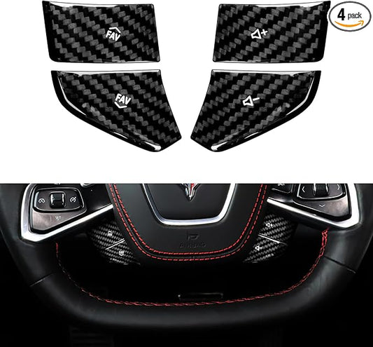 Steering Wheel Radio Button Covers with Real Carbon Fiber - 4PCS for C8 Steering Wheel Button Stickers with Radio Button, for Corvette C8 2020-2023 2024 2025 Accessories (Black)