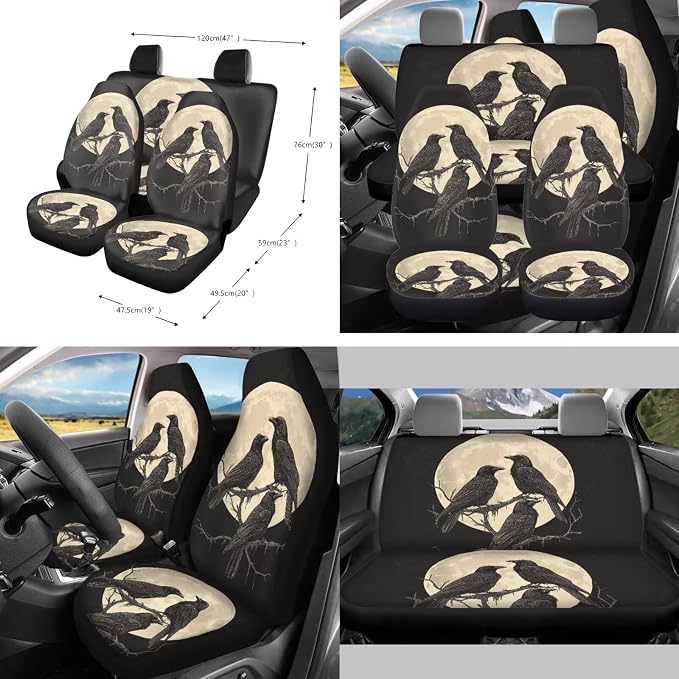 Raven Moon Pattern 10 Pcs Car Accessories Sets Breathable Front Rear Seat Covers Car Air Vent Storage Bag Auto Garbage Can Steering Wheel Cover Coaster Keychain