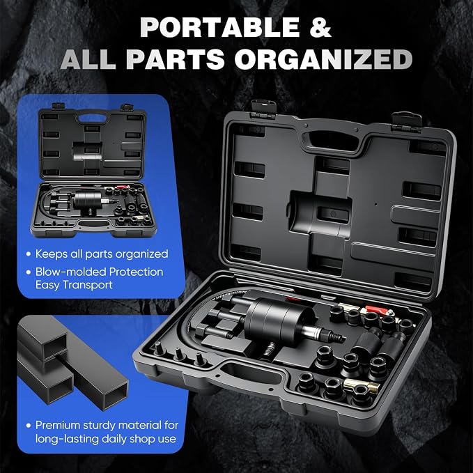 SakerPlus Universal Diesel Injector Removal Kit, Pneumatic Injector Puller Tool Set with Adapter Assortment, Air-Powered Vibration Injector Extractor for Diesel Engine Service, Blow Molded Case