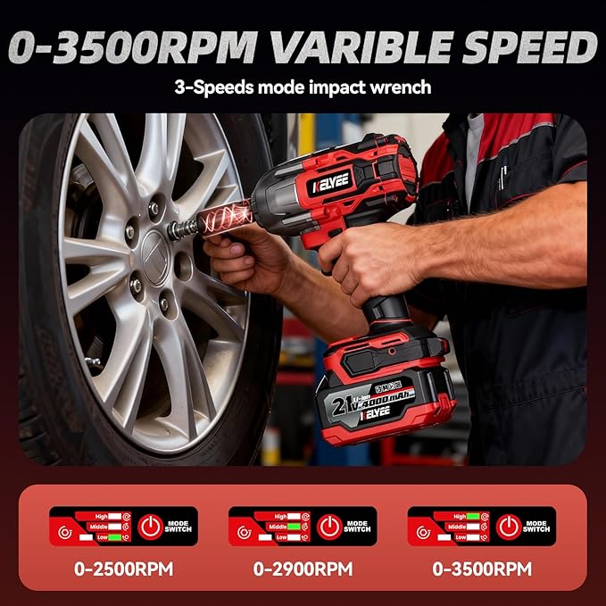 Cordless Impact Wrench 1107Ft-lbs(1500N.m), Brushless High Torque 1/2 Impact Gun with 21V 2x4.0Ah Battery, 3-Mode Speed, Electric Impact Driver with 4 Socket for Home Car Pickup Truck RV Mower
