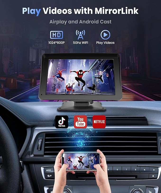 Podofo Portable Car Stereo Wireless Carplay Android Auto,7 Inch Touch Screen Car Radio with Bluetooth Hands-Free/Mirror Link/Maps Navigation/Voice Control/TF Card/AUX,for Cars, Trucks, SUVs
