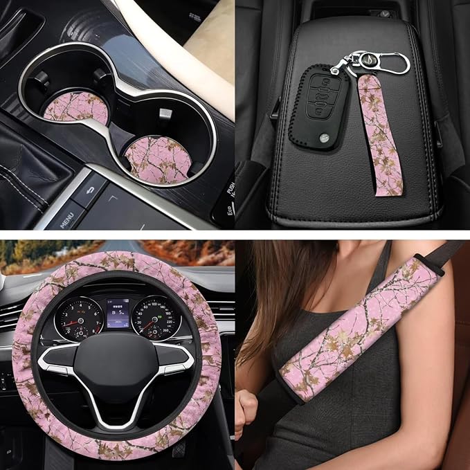 Pink Camo Hunting Car Accessories Set of 11 Car Front Seat Cover Steering Wheel Cover Seat Belt Pads Elastic Fabrics Gear Lever Cover Universal Fit Most Cars SUV