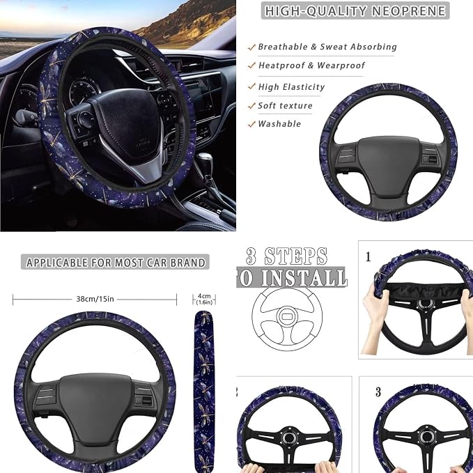 Dragonfly Steering Wheel and Car Seat Set with Coasters+Seatbelt Pads+Gear Lever Cover+Hand Brake Cover 11 Pack Universal Fit Most Vehicles Auto Accessories for Women