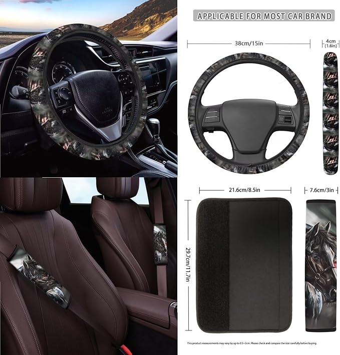Horse American Flag Pattern Automobile Interior Sets Front and Rear Seat Covers for Cars Steering Wheel Cover Seat Strap Pads Rubbish Can Cup Coasters Air Outlet Pocket