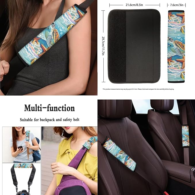 13 Pcs Car Seat Covers, Under Water Sea Turtle Front and Rear Split Bench Seat Covers for Cars, Tortoise Starfish Tropical Fish Cup Mat Armrest Pad Seat Belt Cover