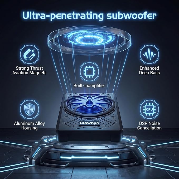 10" 1200W Car Subwooferr - Underseat Subwoofer with Built - in Amplifier, Aluminum Enclosure, High/Low Level Inputs, Blue LED Light and Wired Remote for Truck, SUV, car, Jeep and MPV