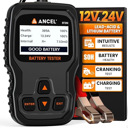 ANCEL BT310 12V 24V Car Battery Tester, Lead-Acid & Lithium Battery Load Tester for 100-2000 CCA, Test Automotive Battery Health, Cranking & Charging System for Car Truck Motorcycle RV ATV Boat & More