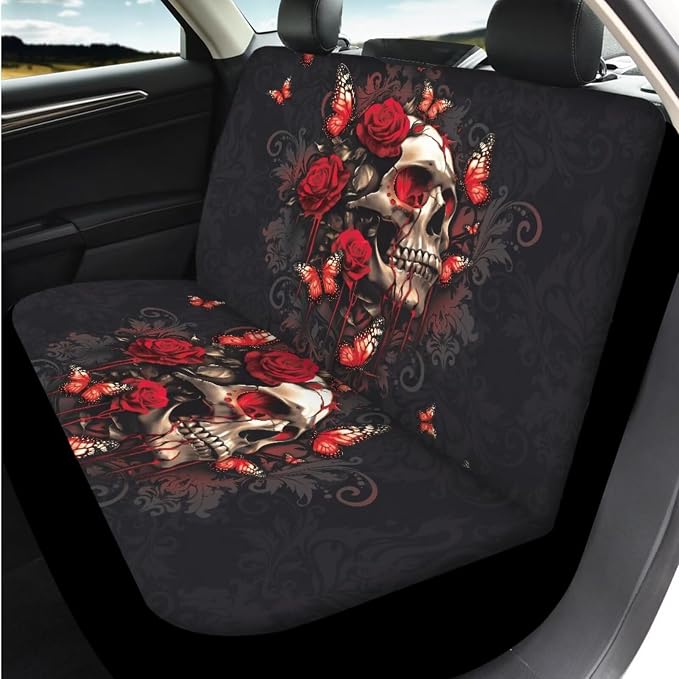 Bulopur Floral Skull Red Rose Car Seat Covers Full Set with Vehicle Armrest Cushion Easy Install Auto Seat Belt Shoulder Strap Covers 15 Inch Steering Wheel Cover Coasters Car Interior Accessories