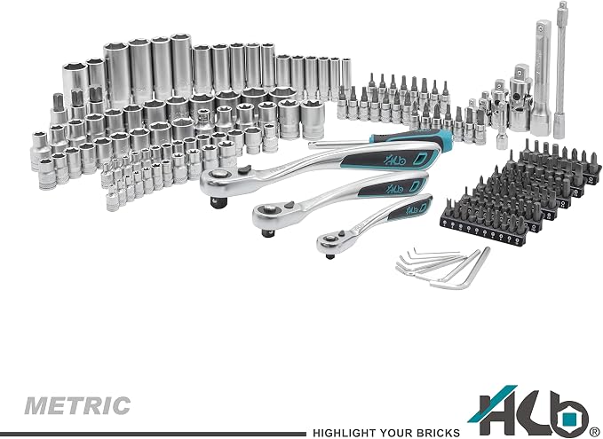 HB 169-Piece Socket Set AKM002-U | 120-Tooth Offset Reversible Ratchet Handles 1/2 3/8 1/4 Inch Drive | SAE Metric Deep Sockets TORX Bits | Chrome Vanadium Steel Portable Carry Case Made in Taiwan