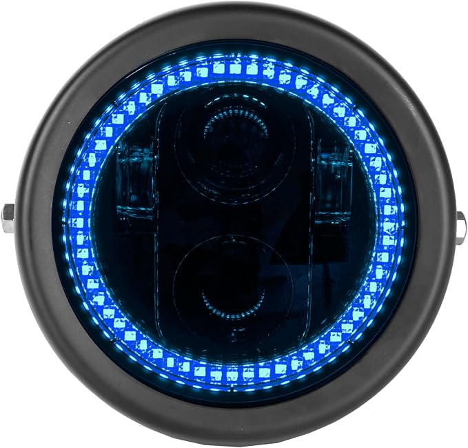 5.75inch 5-3/4 Black Motorcycle Headlight Smoked Blue Halo DRL with Matte Black Housing Bucket 32-40mm Fork Tube Side Mount Brackets Compatible with Motorbikes