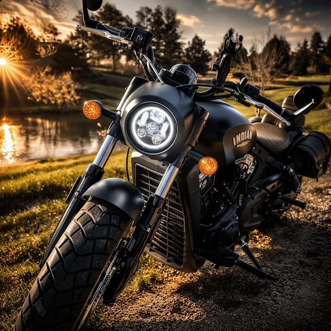 Eagle Lights 8900BG3H-SCOUT Indian Scout Motorcycle LED Headlight with White Halo Ring, Fits 2015+ Scout 60, Scout and Bobber, Black