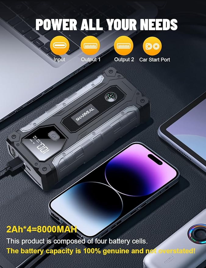 Sharmeal Car Jump Starter 5000A, Jump Starter Battery Pack for 10.0L Gas and 9.0L Diesel, 12V Portable Jump Box with LED Light