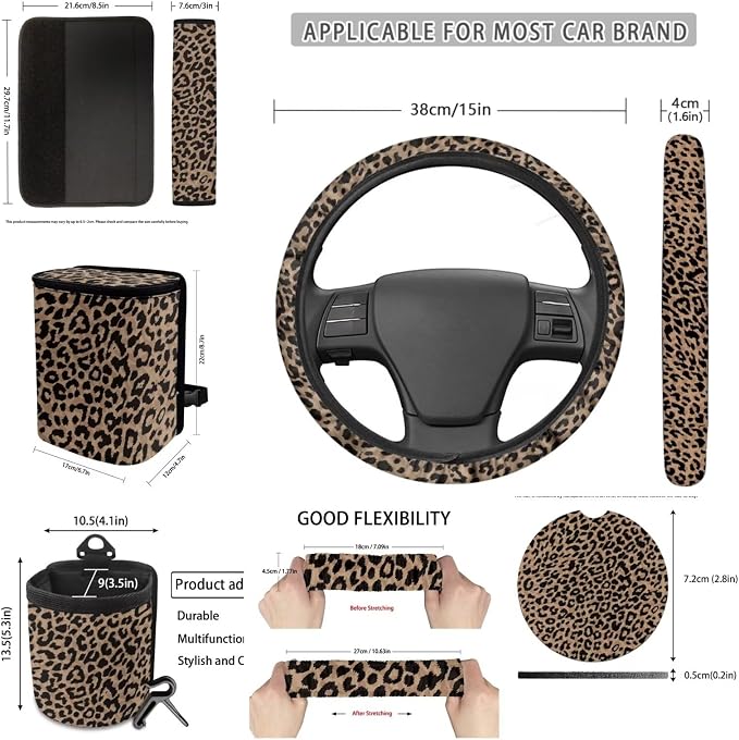 Dreaweet Brown Leopard Print Car Seat Covers Full Set for Women Cheetah Car Accessories Steering Wheel Cover Seat Belt Pads Car Coasters Trash Bag Air Vent Storage Bag Rearview Mirror Cover Keychain