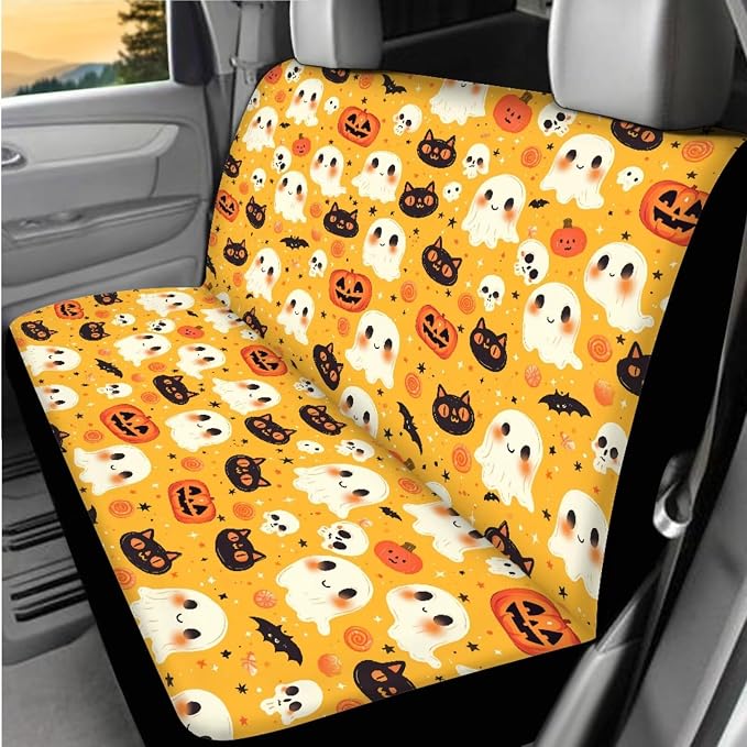 Cute Halloween Print Car Seat Covers Full Set with Auto Steering Wheel Cover Auto Center Console Pad Seat Belt Covers for SUV Truck Cars, Halloween Decorations Gifts