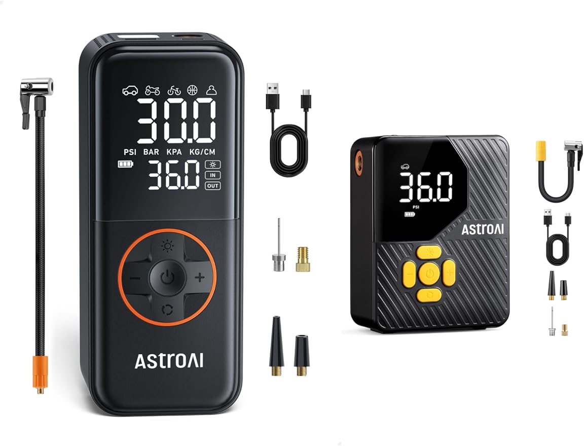 AstroAI L4&L7 Mini Tire Inflator Portable Air Compressor, 150PSI Portable Air Pump for Car Tires with Pressure Gauge LED Light, Electric Air Pump Quick Inflation for Cars,Motorcycles,Bikes,Tires,Balls