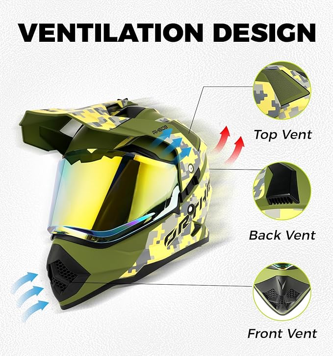 Orthrus Dual Sport Adventure Motorcycle Helmet DOT Certified for Adults, UV Protected Dual Visor & Intercom Slot, ATV UTV Dirt Bike Snowmobile Off Road Helmets