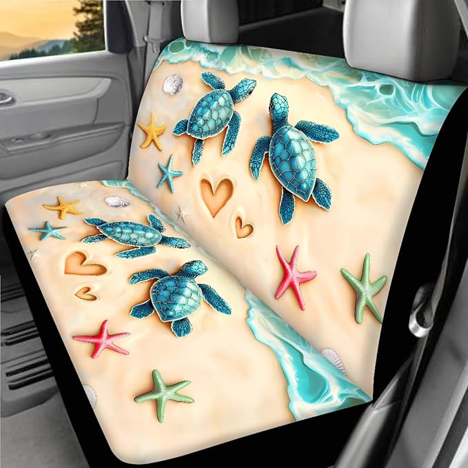 Beach Sea Turtl Car Seat Covers Full Sets 18 Pack Universal Car Interior Accessories Sets Sea Turtle Steering Wheel Car Covers Anti Slip Cute Car Trash Can Car Headrest Covers Seat Belt Cover