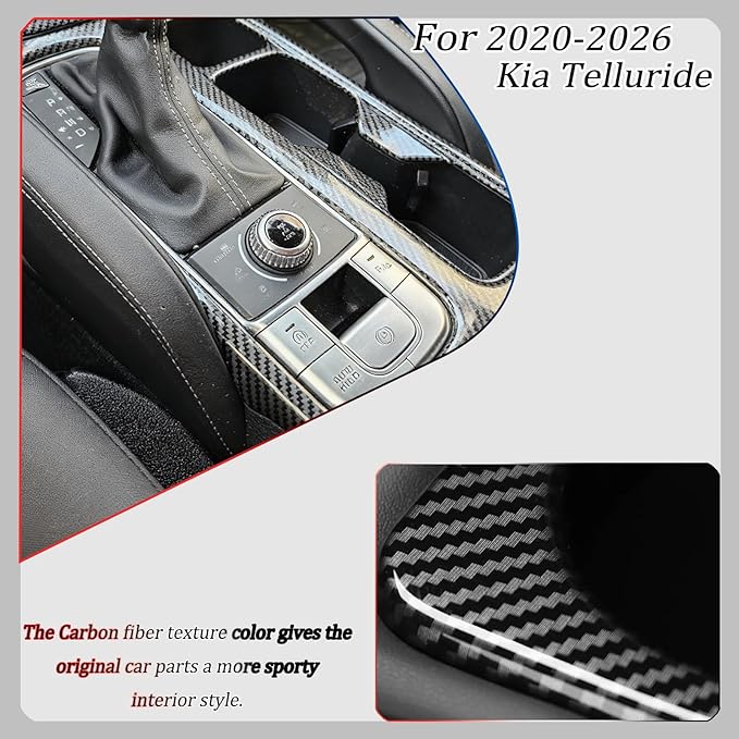 Center Console Frame Cover,for Kia Telluride 2020 2021 2022 2023 2024 2025 2026, Gear Shift Panel,Cup Holder Trim - Carbon Fiber Protective Accessories