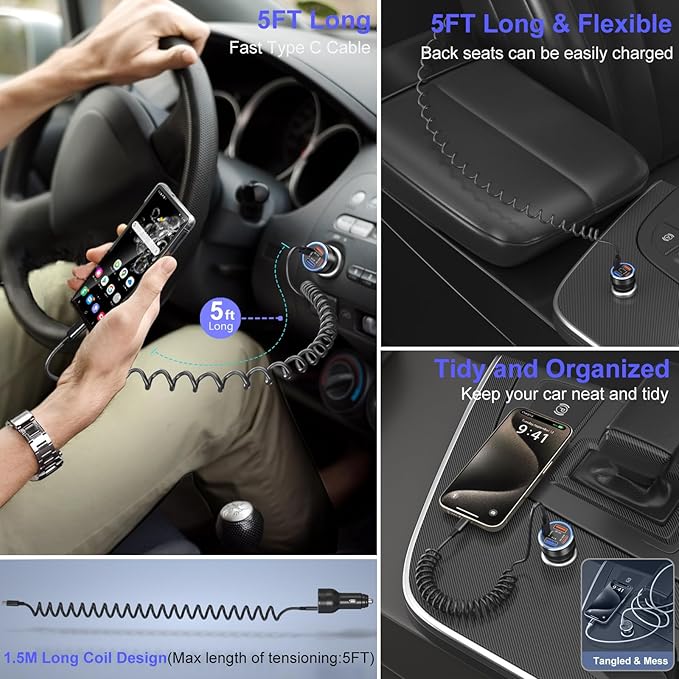 36W USB C Car Charger with 60W USB Type C Coiled Cable PD&QC 3.0 Fast Charging Cigarette Lighter USB Charger for iPhone, Galaxy, Pixel Devices