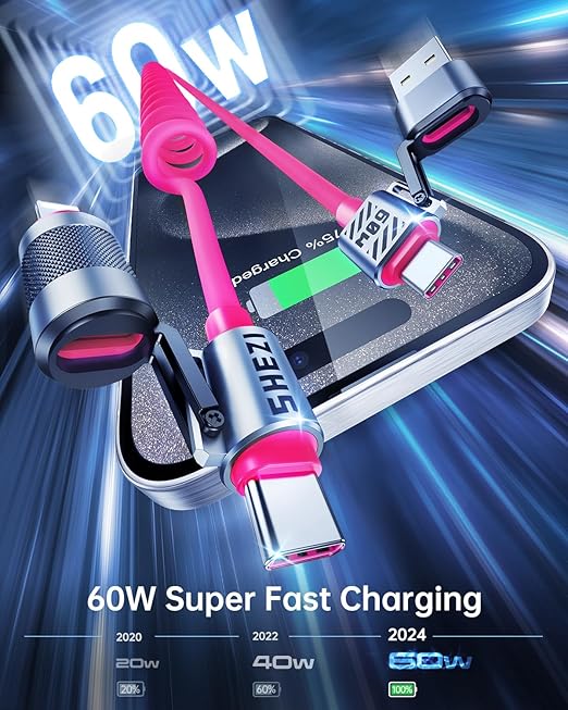 4-in-1 Coiled USB C Cable for Car 5FT [60W Fast Charging] Compatible with Lightning Cable [CarPlay & Android Auto] Multi Charger Cord Combo with L/Type C/USB A Ports for iPhone/iPad (Pink)