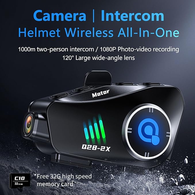 Motorcycle Helmet Bluetooth Headset, Wireless Camera Recorder with 1080P, 120°Wide Angle，HD Video/Photo, Body 360°Adjustment, Bluetooth 5.3, Smart Noise Reduction, IP66, 32GB TF Card